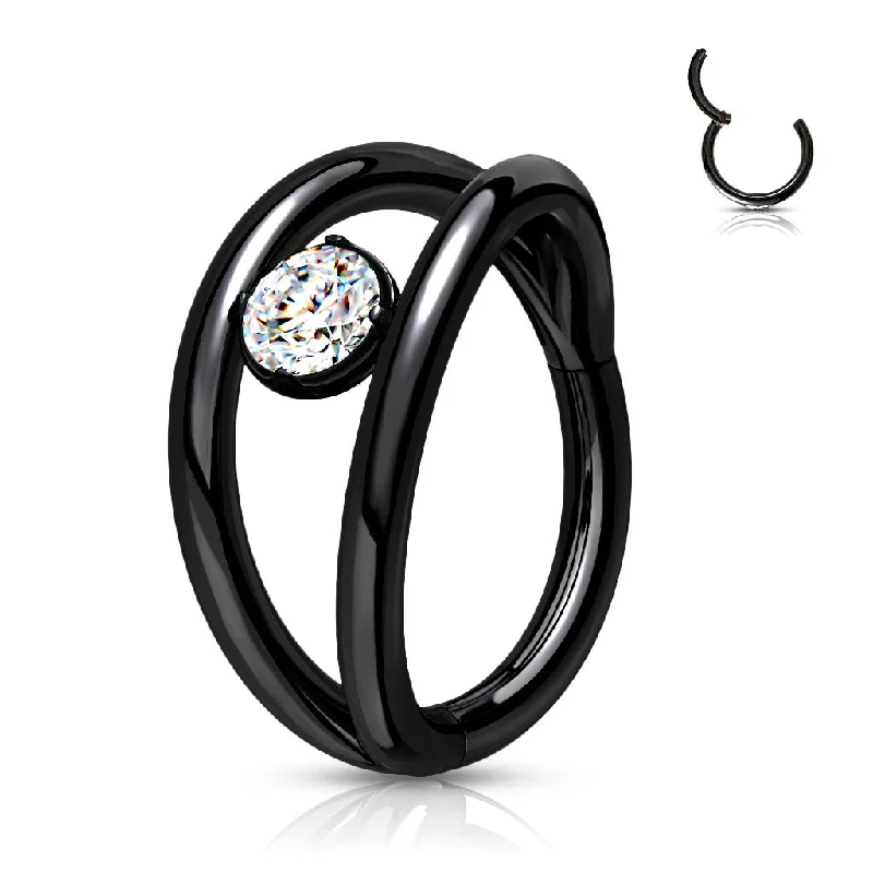 Women's astrology rings-Black Jewelled Double Hoop Hinged Segment Ring - E504C