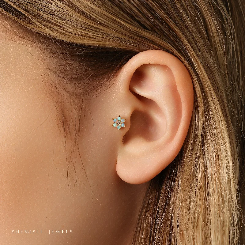 Women's sterling silver earrings-Tiny 6 Petal Opal Stone Threadless Flat Back Tragus Stud, 20,18,16ga, 5-10mm, Unisex, Surgical Steel, SHEMISLI SS559