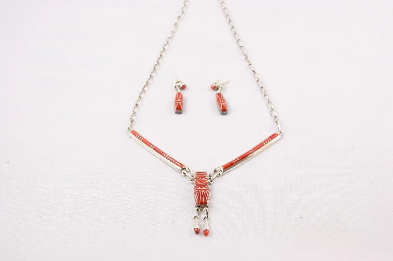 Women's art deco necklaces-Zuni Channel Inlay Red Coral Necklace & Earring Set by Dale Lucio