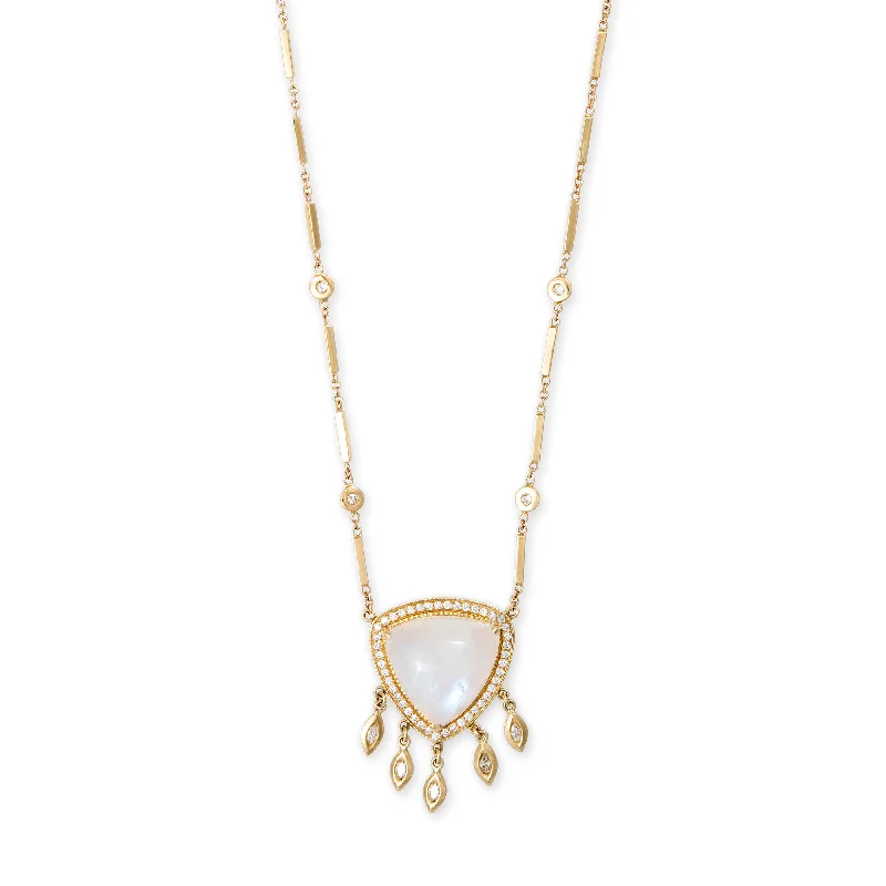 Women's Valentine's Day necklaces-PAVE MOONSTONE  TRILLION + 5 MARQUISE DIAMOND SHAKER SMOOTH BAR NECKLACE