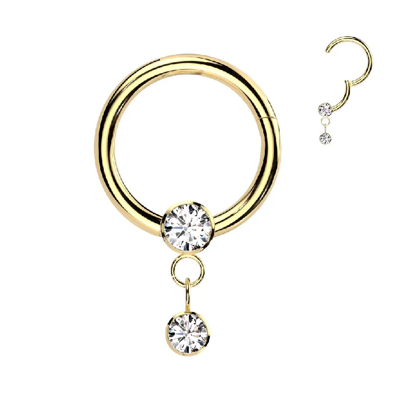 Women's gift rings-Titanium Gold Jewelled Hinged Segment Hoop Ring with Dangle - TI-192A