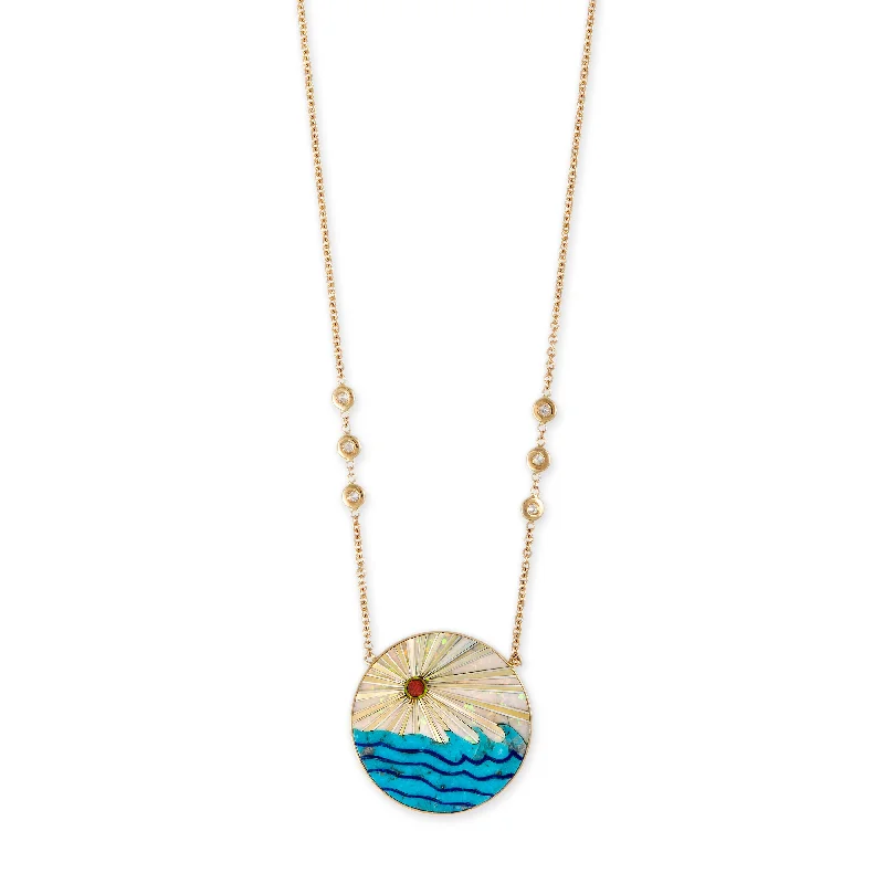 Women's chain necklaces-ROUND OPAL RAYS + TURQUOISE WAVES INLAY NECKLACE