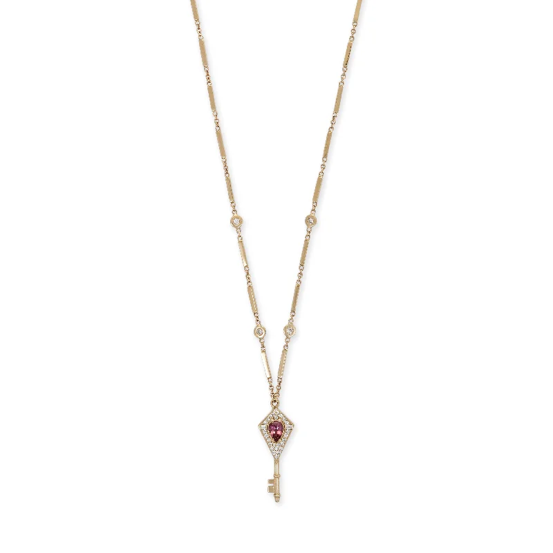 Designer women's necklaces-PAVE + BAGUETTE DIAMOND GEMSTONE KEY SMOOTH BAR NECKLACE