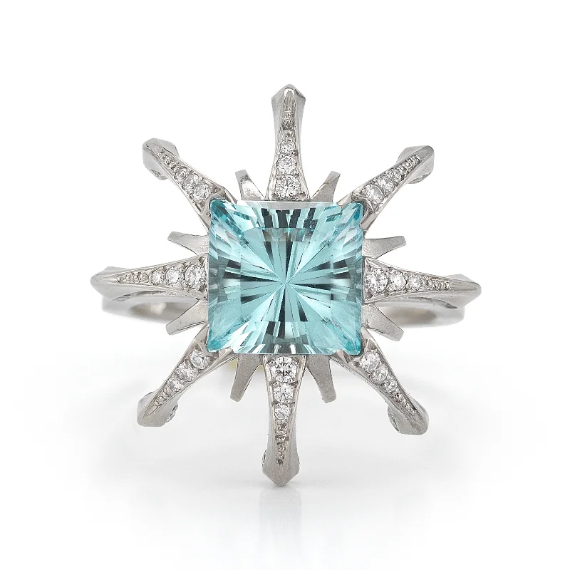 Women's birthstone rings-Aquamarine and Diamond Starburst Ring