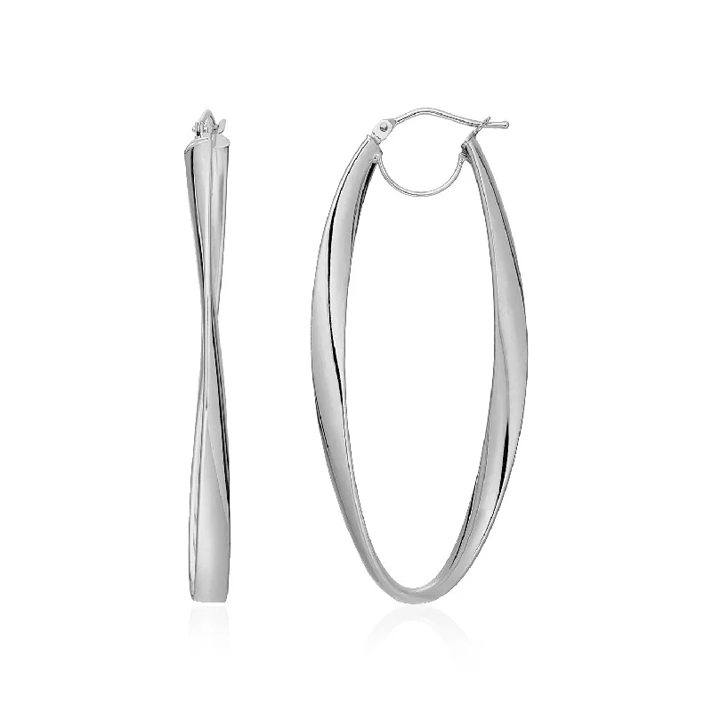 Women's hoop earrings-14k White Gold Twist Motif Oval Shape Hoop Earrings