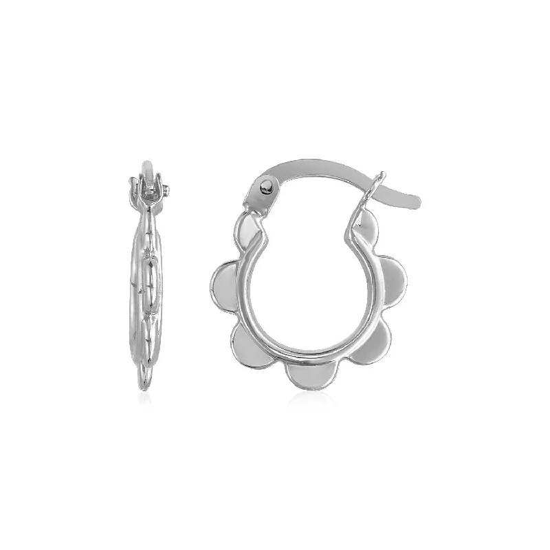 Women's leather earrings-14k White Gold Scalloped Hoop Earrings