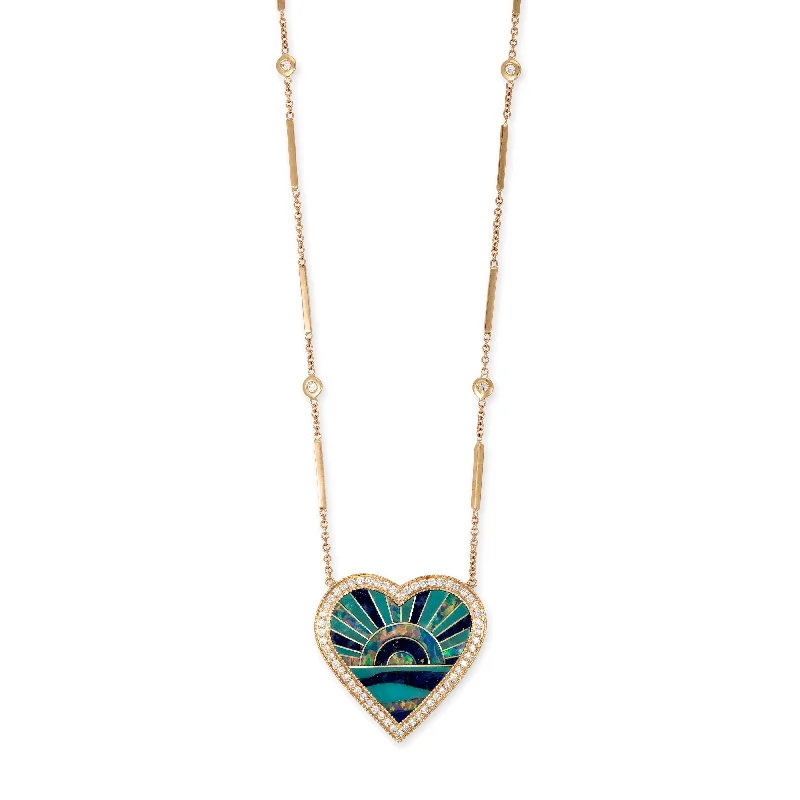 Women's family necklaces-PAVE TURQUOISE SUNSHINE INLAY HEART SMOOTH BAR NECKLACE