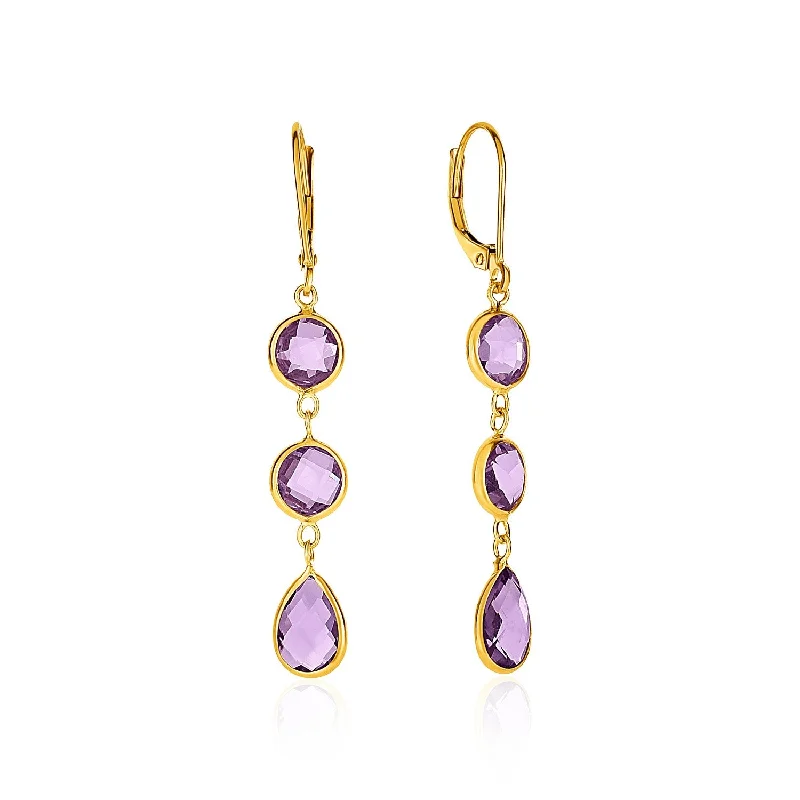 Women's eco-friendly earrings-Drop Earrings with Round and Pear-Shaped Amethysts in 14k Yellow Gold