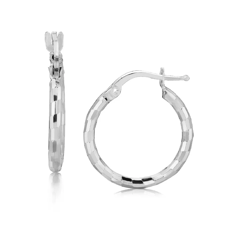 Women's lightweight earrings-Sterling Silver Rhodium Plated Diamond Cut Small Hoop Earrings (2x15mm)