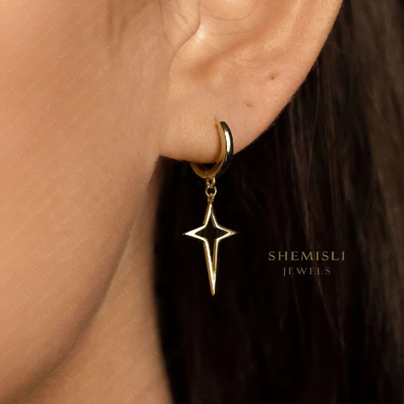 Women's star earrings-Open 4 Point Star Hoop Earrings, Star Drop Huggies, Gold, Silver SHEMISLI - SH474