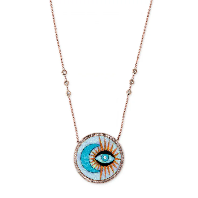 Women's casual necklaces-PAVE TURQUOISE MOON + OPAL EYE BURST INLAY NECKLACE