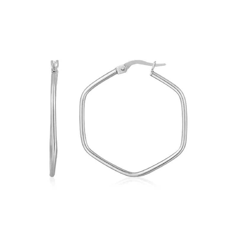 Women's lightweight earrings-14K White Gold Hexagon Hoop Rounded Edge Earrings