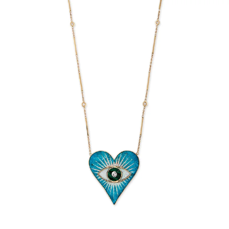 Women's seasonal necklaces-LARGE TURQUOISE OPAL MALACHITE INLAY EYE BURST HEART NECKLACE