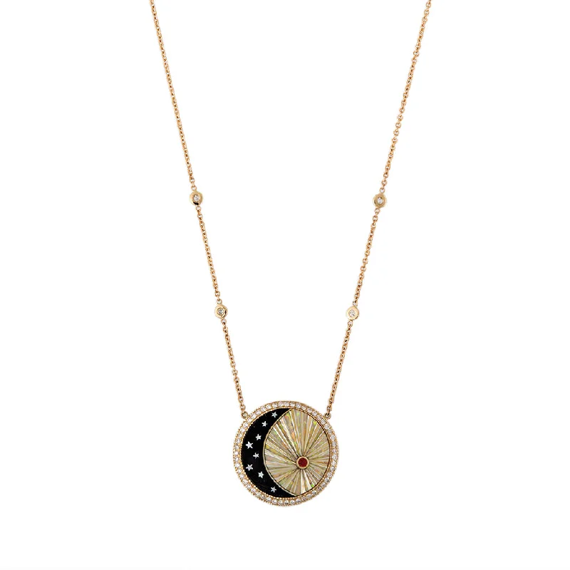 Women's elegant necklaces-SMALL PAVE ROUND ONYX STAR CRESCENT + OPAL RAYS INLAY NECKLACE