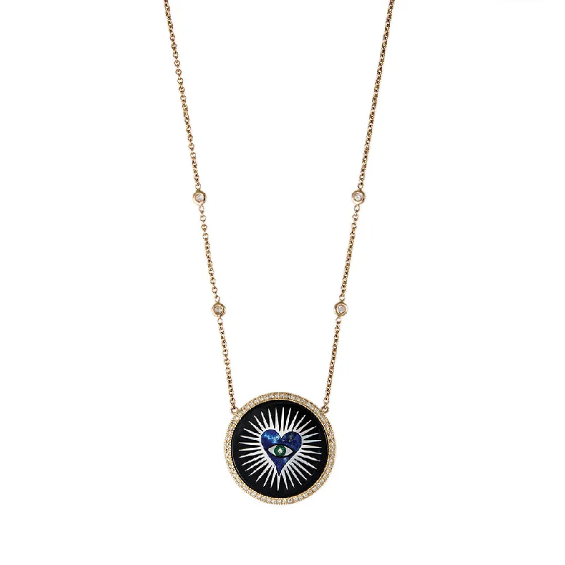 Women's Buddha necklaces-SMALL PAVE ROUND ONYX INLAY LAPIS HEART BURST NECKLACE