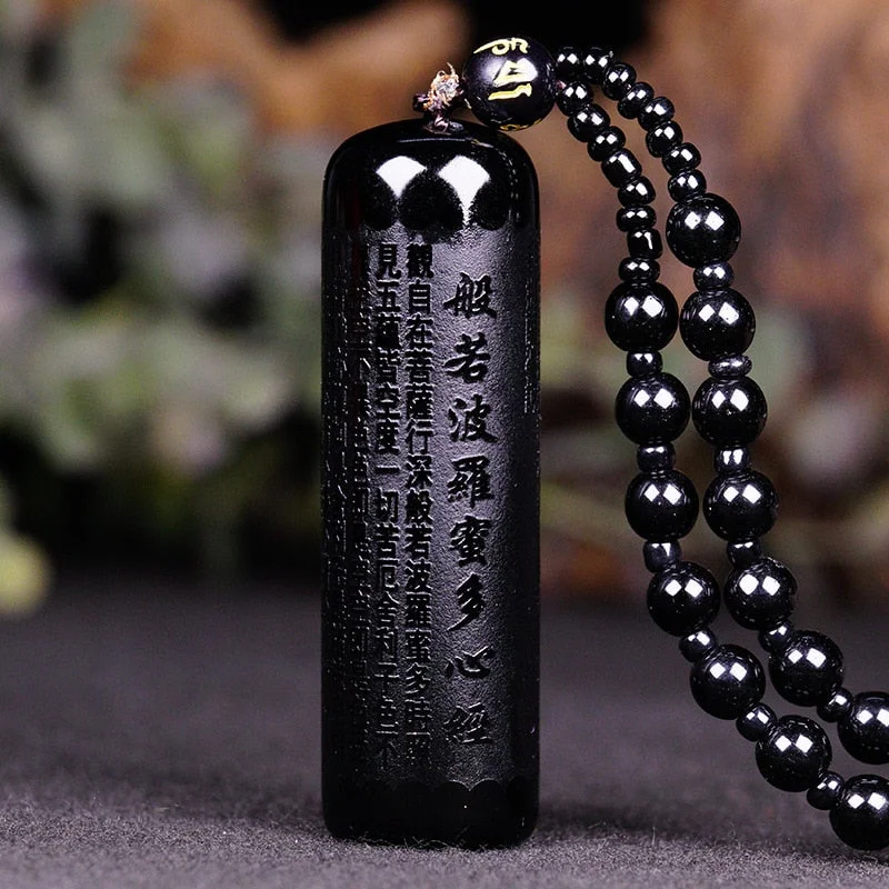 Women's Buddha necklaces-Divine Protection Obsidian Sutra Necklace