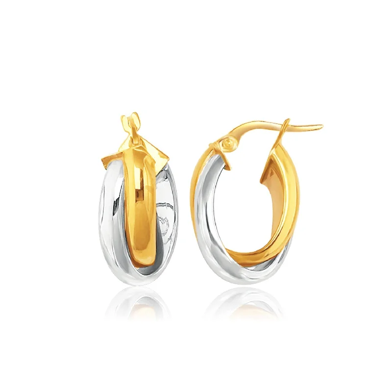 Women's celestial earrings-14k Two-Tone Gold Double Row Intertwined Oval Hoop Earrings