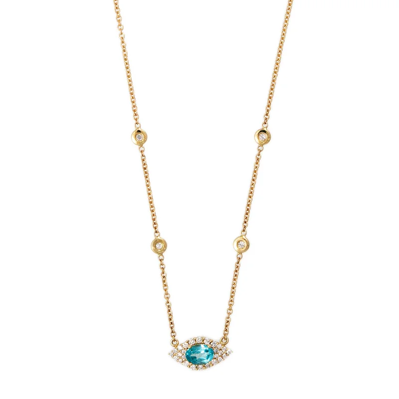 Women's long necklaces-SMALL PAVE APATITE OVAL CENTER EYE DIAMOND NECKLACE