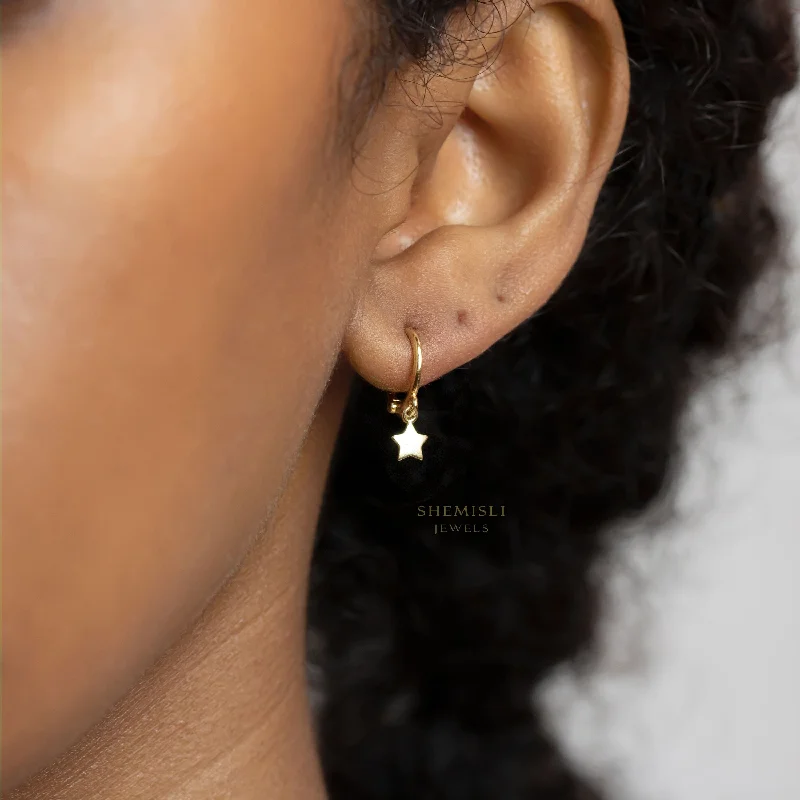 Women's crystal earrings-Tiny Star Hoop Earrings, Star Drop Huggies, Unisex, Gold, Silver SHEMISLI SH642