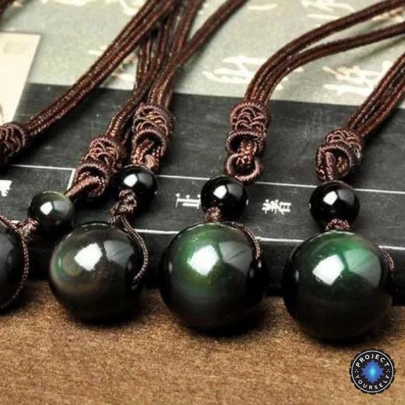 Women's Buddha necklaces-Natural Black Rainbow Eye Obsidian Sphere Pendant Necklace