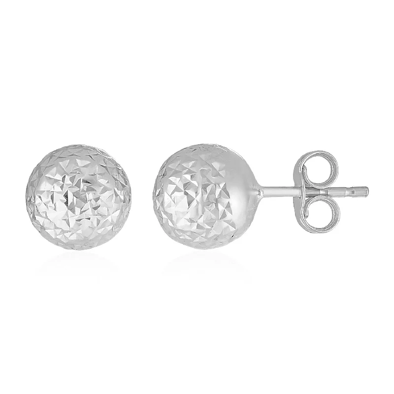 Women's crystal earrings-14k White Gold Ball Earrings with Crystal Cut Texture(7mm)