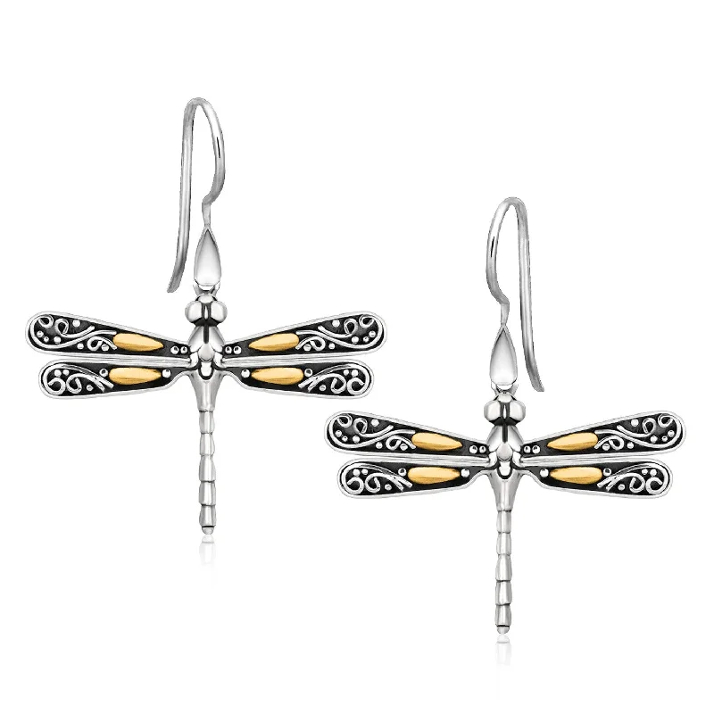 Women's fingerprint earrings-18k Yellow Gold and Sterling Silver Dragonfly Motif Drop Earrings