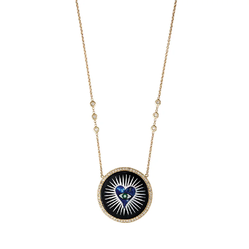 Women's beaded necklaces-PAVE ONYX INLAY LAPIS HEART BURST NECKLACE