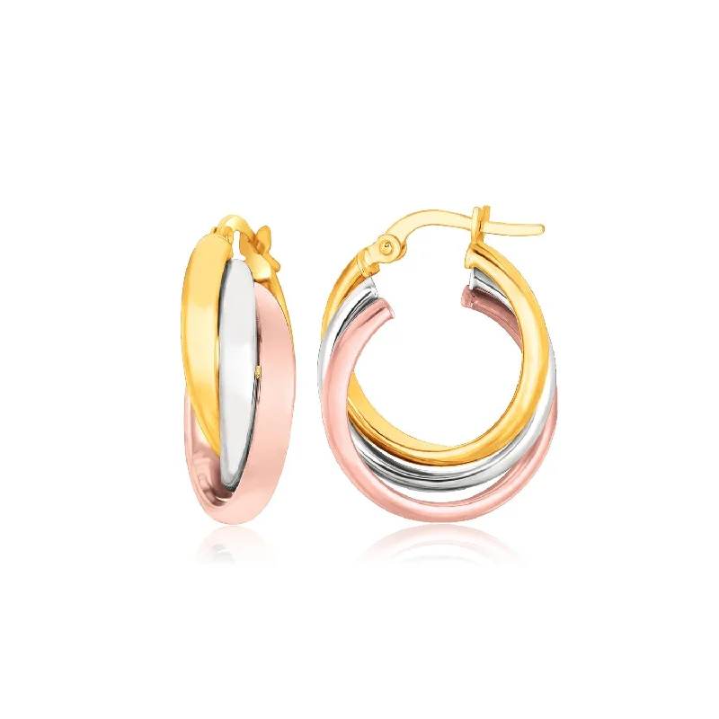 Women's bridal earrings-14k Tri-Color Gold Domed Tube Intertwined Earrings