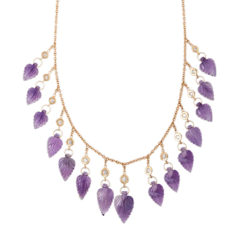 Women's symbolic necklaces-15 DIAMOND AMETHYST LEAF SHAKER NECKLACE