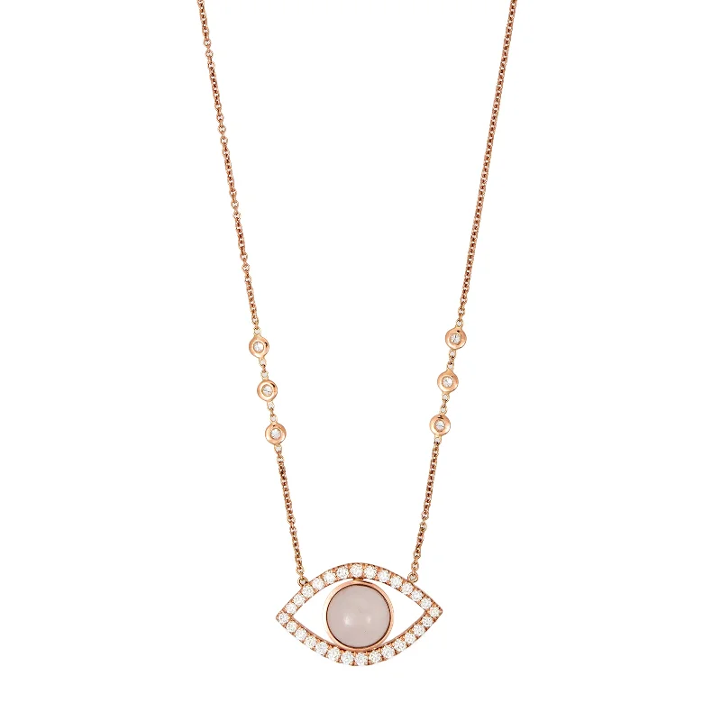 Women's geometric necklaces-LARGE PAVE ROSE QUARTZ CENTER OPEN EYE DIAMOND NECKLACE