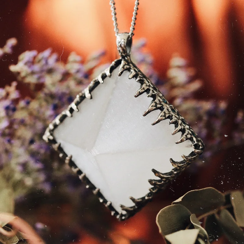 Women's initial necklaces-Sacred Selenite Icicle Crystal Pyramid Necklace #15