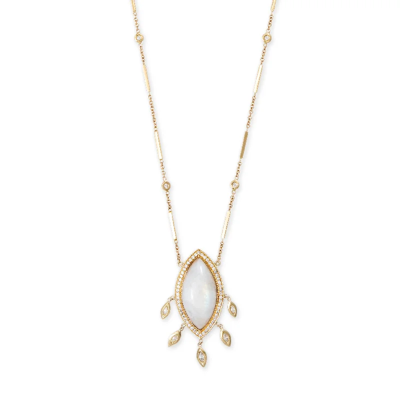 Women's graduation necklaces-PAVE MOONSTONE MARQUISE + 5 MARQUISE DIAMOND SHAKER SMOOTH BAR NECKLACE