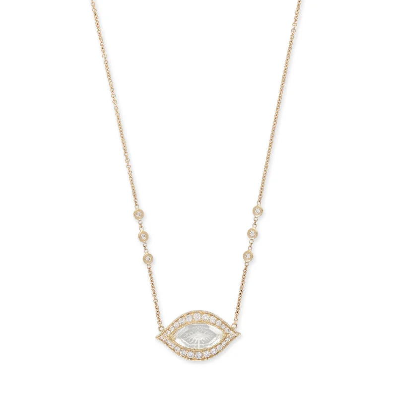 Women's ethical necklaces-PAVE CARVED EYE BURST CLEAR QUARTZ MARQUISE NECKLACE