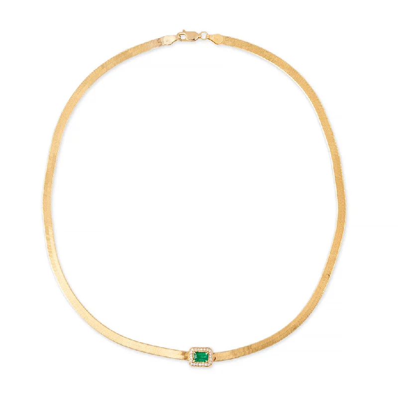 Women's sapphire necklaces-PAVE EMERALD BAGUETTE HERRINGBONE NECKLACE