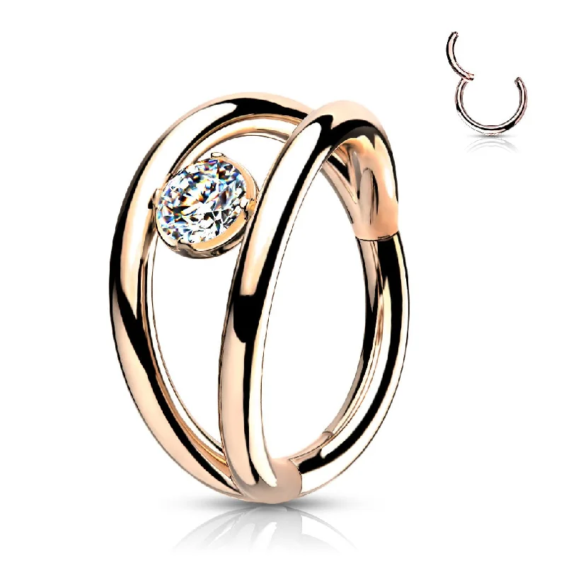 Women's healing crystal rings-Rose Gold Jewelled Double Hoop Hinged Segment Ring - E504B