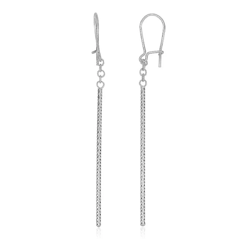 Women's titanium earrings-14k White Gold Long Bar Diamond Cut Drop Earrings