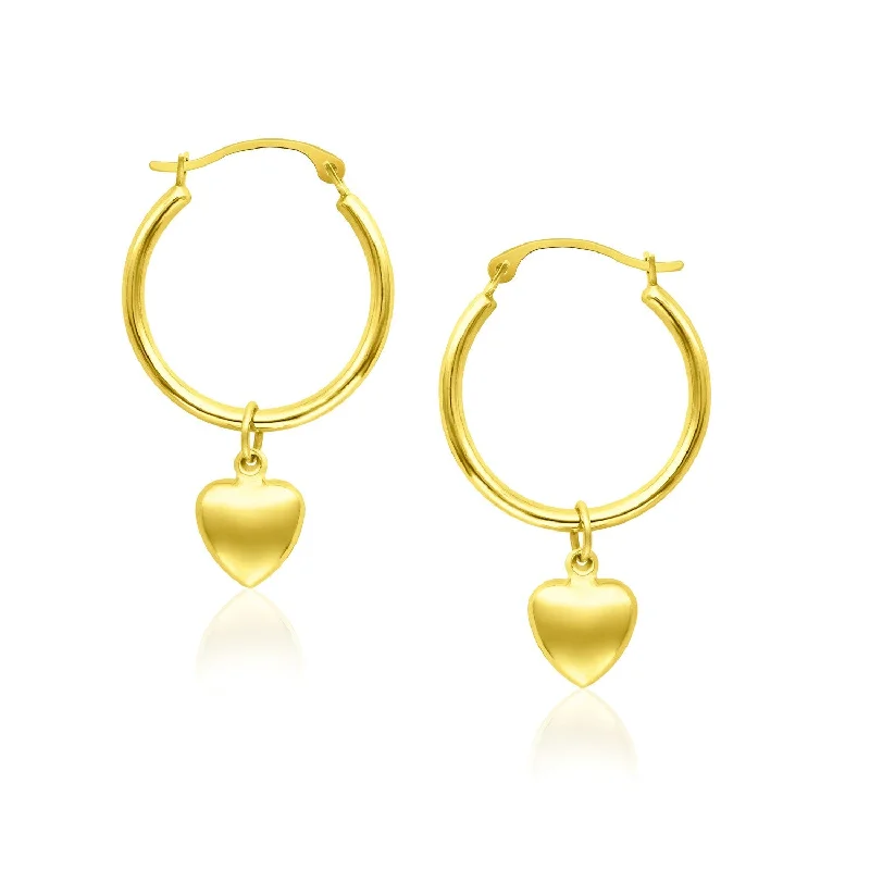 Women's silver-plated earrings-14k Yellow Gold Hoop Earrings with Dangling Puffed Heart