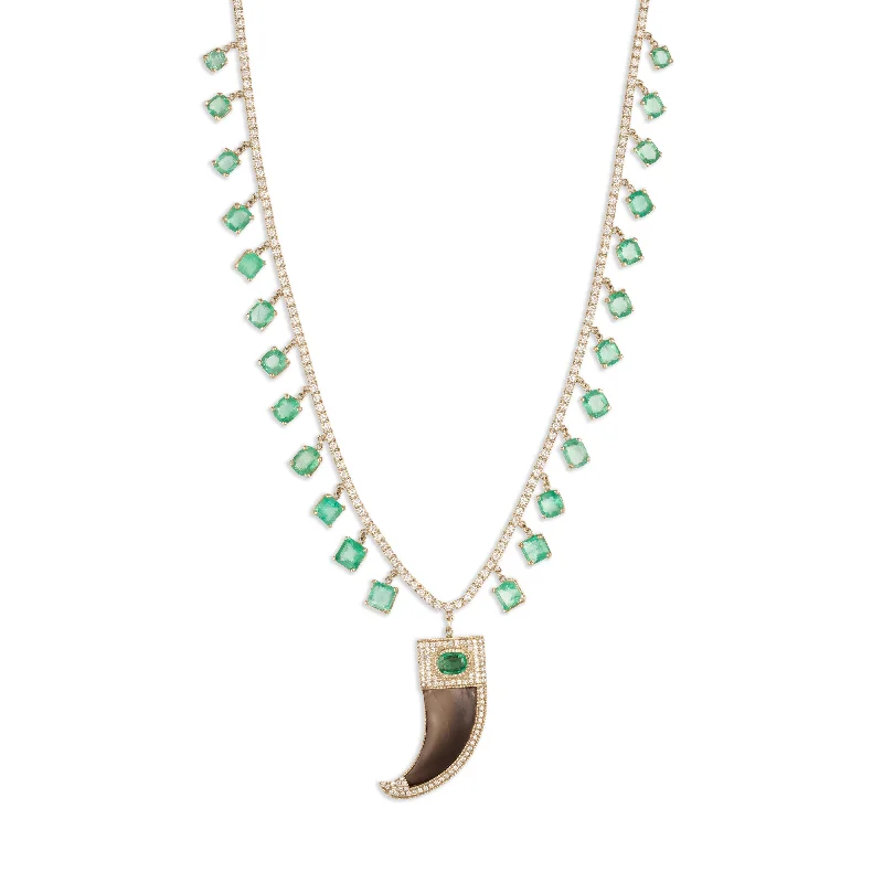 Women's jade necklaces-PAVE EMERALD CENTER CAP CLAW CHARM + EMERALD SHAKER TWIGGY DIAMOND NECKLACE