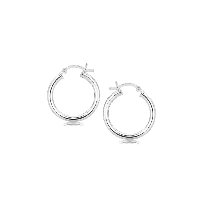 Women's sun earrings-Sterling Silver Polished Hoop Motif Earrings with Rhodium Plating (3x20mm)