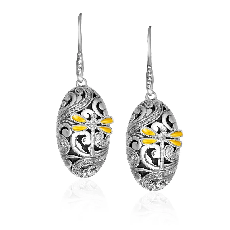 Designer women's earrings-18k Yellow Gold & Sterling Silver Diamond and Dragonfly Oval Earrings