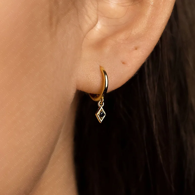 Women's elegant earrings-Black Diamond Shape Drop Dangle Hoop Earrings, Huggies, Gold, Silver SH273