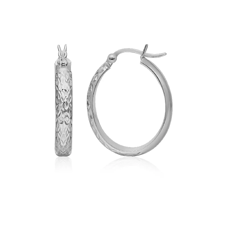 Women's waterproof earrings-14k White Gold Hammered Oval Hoop Earrings