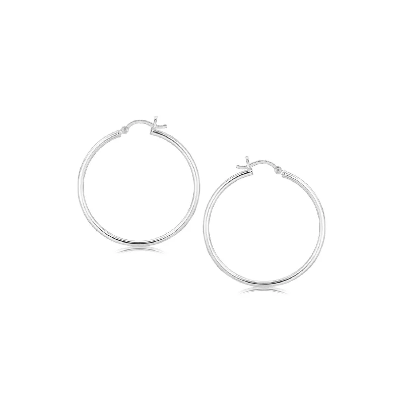 Women's fingerprint earrings-Sterling Silver Rhodium Plated Thin and Polished Hoop Style Earrings (2x35mm)