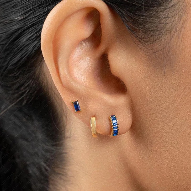 Women's fingerprint earrings-Simple Sapphire Baguette CZ Studs Huggies Drop Hoop Earrings Stack Set, Unisex, Gold, Silver SHEMISLI SS457, SH013, SH334