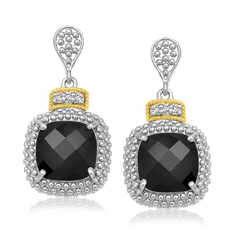 Women's everyday earrings-18k Yellow Gold & Sterling Silver Black Onyx & Diamond Earrings (.05cttw)