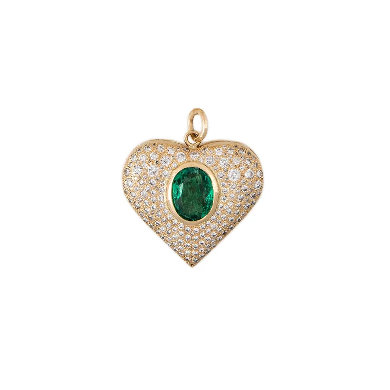 Women's sterling silver necklaces-PAVE DIAMOND EMERALD HEART CHARM