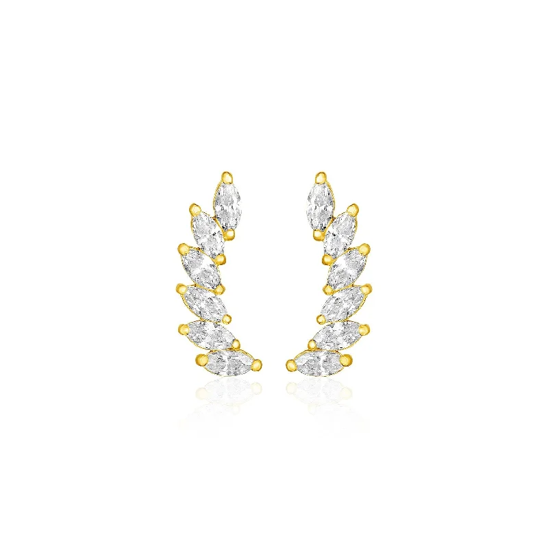 Women's bridal earrings-14k Yellow Gold Leaf Motif Climber Post Earrings with Marquise Cubic Zirconias