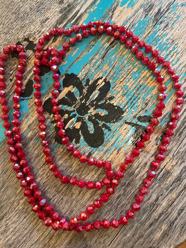 Women's personalized necklaces-60" Hand Knotted Iridescent RED Bead Necklace