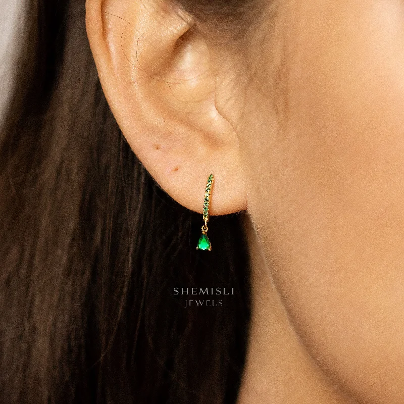 Women's elegant earrings-Emerald Teardrop CZ Drop Hoop Earrings, Huggies, Unisex, Gold, Silver SHEMISLI SH017