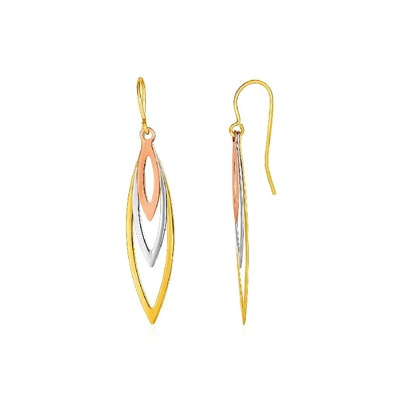 Luxury women's earrings-Tri-Tone Graduated Open Marquise Earrings in 10k Yellow,  White,  and Rose Gold